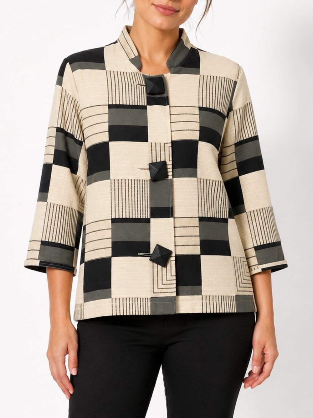 Vintage Painted Pony USA Womens S Geometric Jacket Art Wear Black Beige Rayon